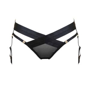 Black mesh Tomoe harness panties and cross elastic by Bordelle at Brigade Mondaine