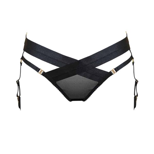 Black mesh Tomoe harness panties and cross elastic by Bordelle at Brigade Mondaine