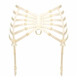 Bondage white suspender belt with rows of satin elastic by Bordelle at Brigade Mondaine