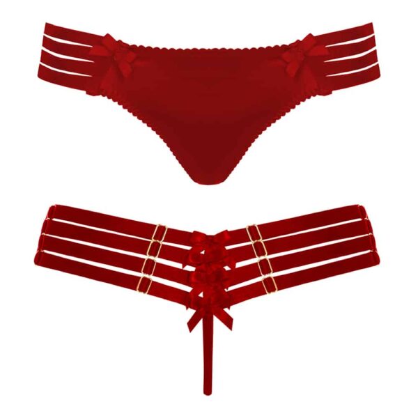 Red satin elastic thong with multiple rows at back by Bordelle Signature at Brigade Mondaine