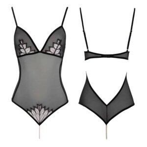 Pearl body in tulle and black lace Kyoto range, triangle shape and bare back, by Bracli at Brigade Mondaine