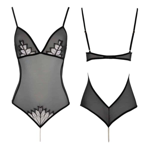 Body en perle gamme Kyoto en tulle et dentelle noire, forme triangle et dos nus, par Bracli chez Brigade Mondaine