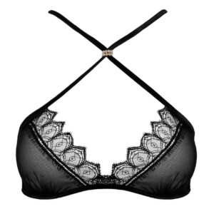 Fishnet and black lace bra with black lace crossed on the front Pearl Kyoto range by Bracli at Brigade Mondaine