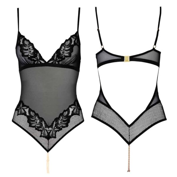 Body dos nu avec string et perles stimulantes multi matières en mesh, dentelle et résille noir BRACLI chez Brigade Mondaine