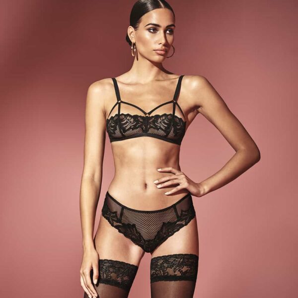 Black lace and fishnet halter bra with three elastic bands going up to the BRACLI strap at Brigade Mondaine