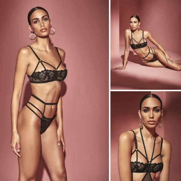 Soutien-gorge corbeille dos nu en dentelle et résille noir avec trois élastique remontant vers la bretelle BRACLI chez Brigade Mondaine