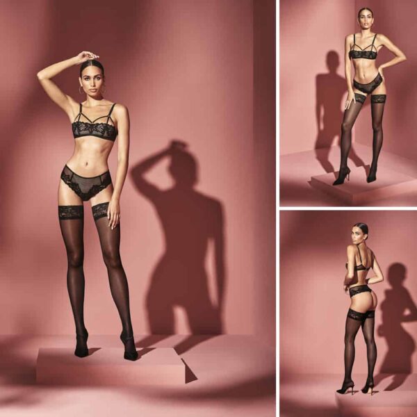 Multi-material thong with mesh, lace and black fishnet with BRACLI stimulating beads at Brigade Mondaine