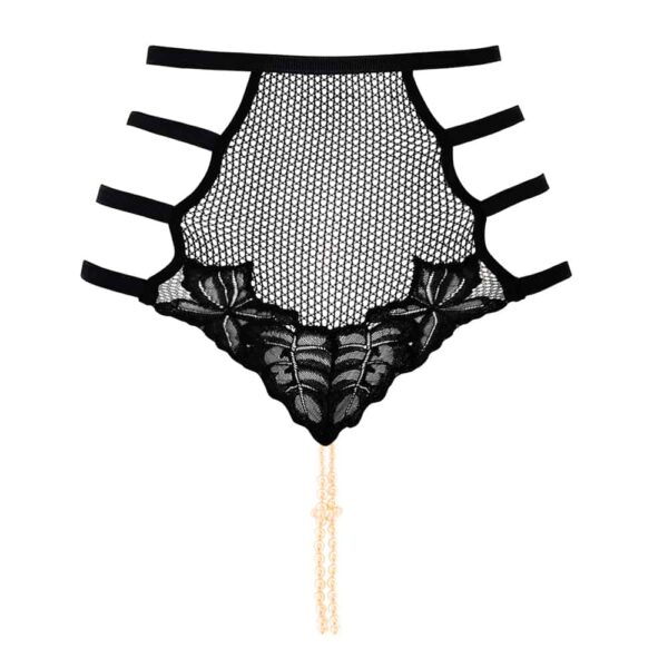 High waist thong panties with stimulating pearls in fishnet and lace and elastic on the hips and waist BRACLI at Brigade Mondaine