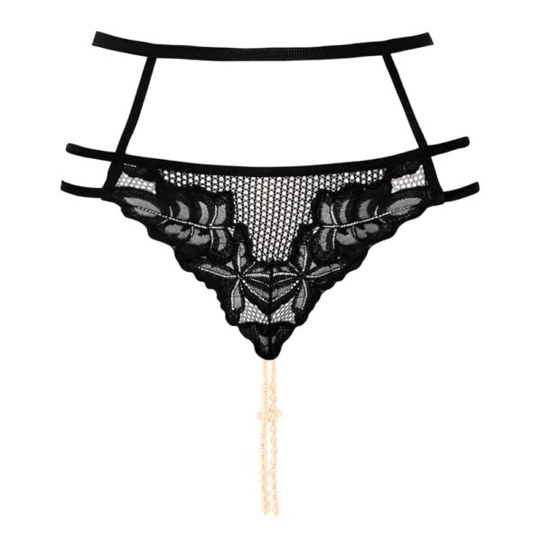 High waist stimulating pearl g-string with elastic, lace and black fishnet BRACLI at Brigade Mondaine