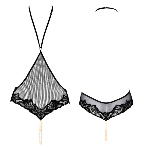 Playsuit string avec perles stimulantes et dentelle noir avec résille noire remontant jusqu'entre les seins BRACLI chez Brigade Mondaine