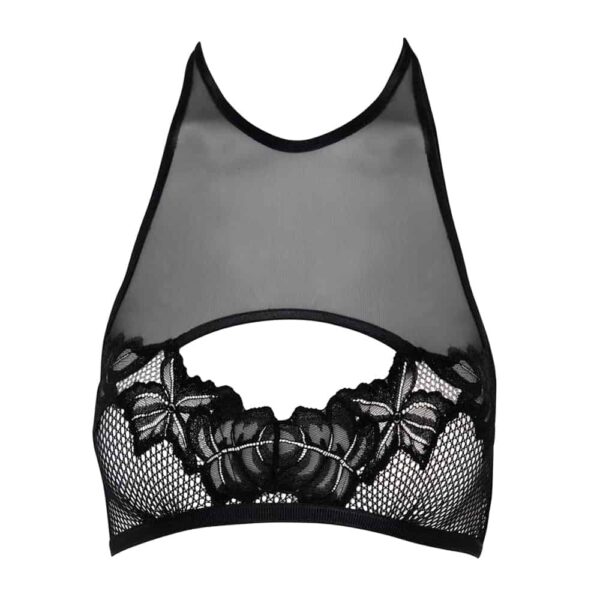 Crop top bare back bra with black lace and fishnet on the breasts and black mesh straps covering the torso BRACLI at Brigade Mondaine