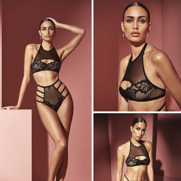 Crop top bare back bra with black lace and fishnet on the breasts and black mesh straps covering the torso BRACLI at Brigade Mondaine