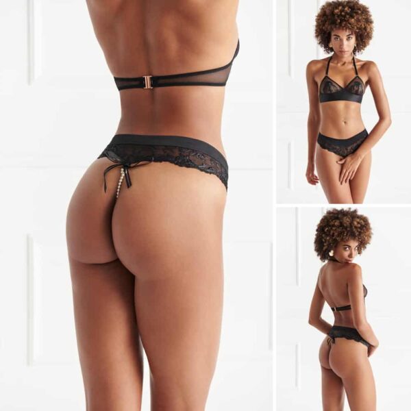 Black lace bra set with Vienna clip and black lace panties from the Bracli collection Vienna with G-spot stimulating beads worn on a mannequin seen from the front and three quarter back on a white background from the Bracli collection at Brigade Mondaine