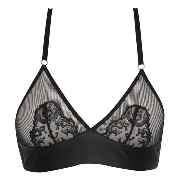 Soft triangle bra made of lace and satin band at the bottom, bare back, Vienna range by BRACLI at Brigade Mondaine