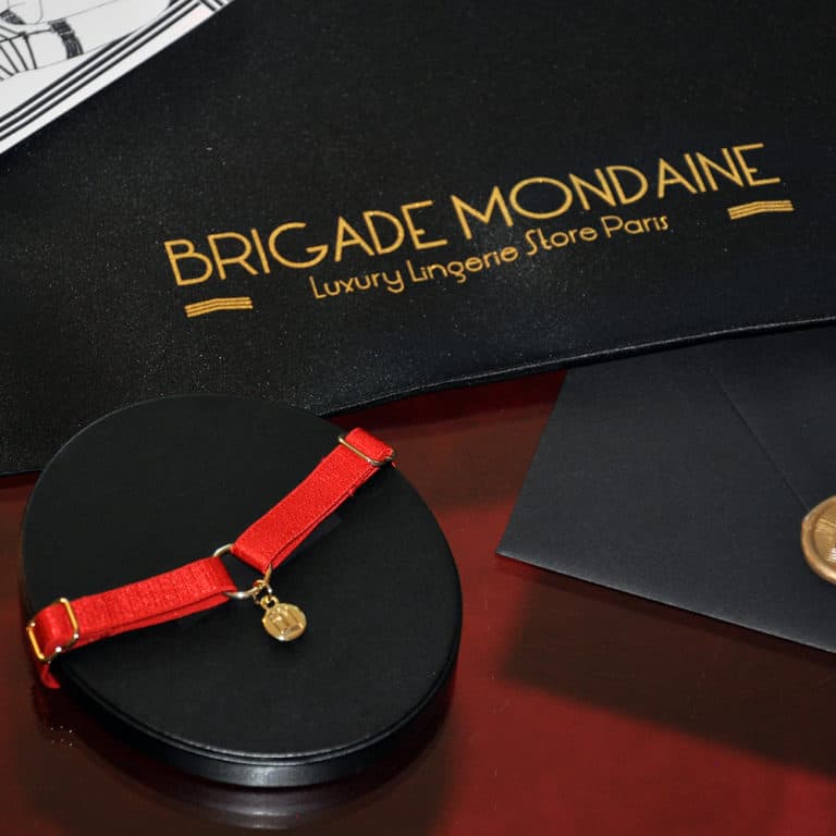 Ici vous pouvez voir le Pack cadeau luxe de la marque Brigade Mondaine. Dedans il y a un chocker rouge avec sa pochette et une carte signée et dédicacée juste pour vous. Tout cela est contenu dans une pochette en soie noire.