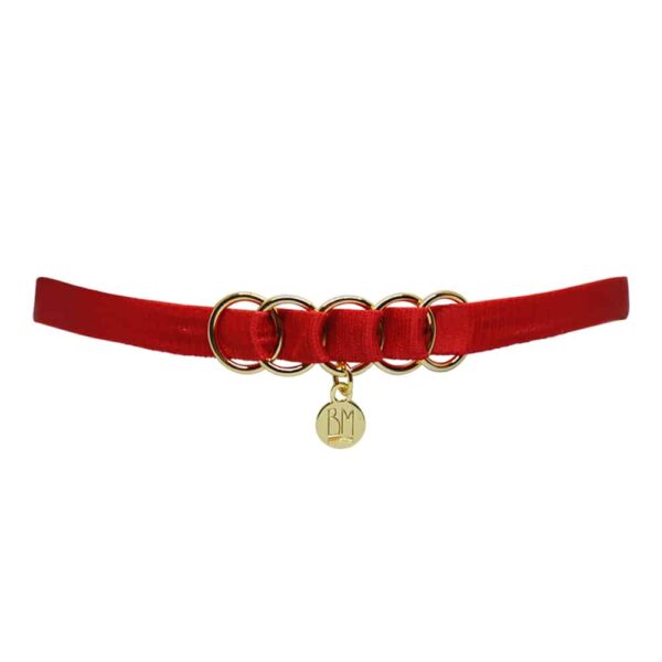 Ici vous pouvez le BRIGADE MONDAINE GIFT WRAP RED. Ce collier est fait d’une bande rouge. 5 anneaux se trouvent au milieu et traversent la bande. Un détail de forme ronde avec écrit « BM » pend au milieu.