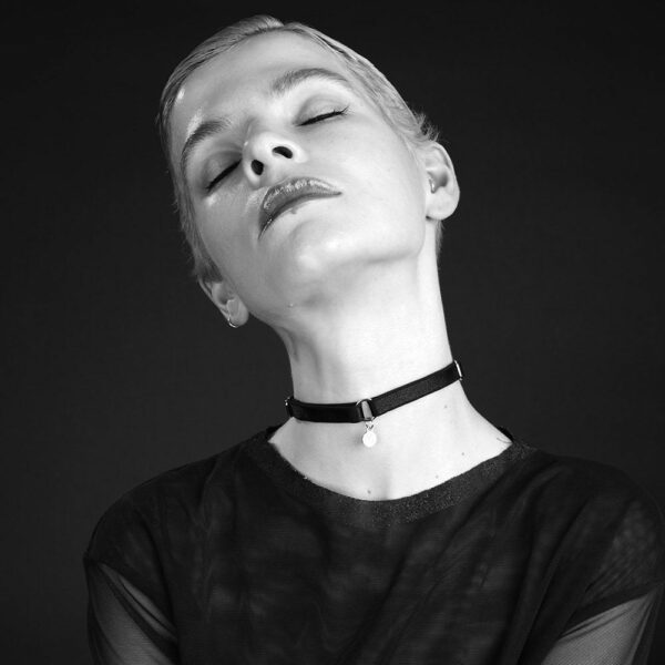 black erotic choker in elastic with BM medallion by Brigade Mondaine