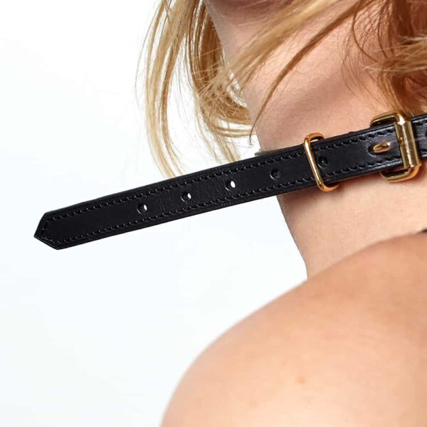 Black leather bracelet or chocker necklace with thin belt effect and gold plated clip DOMESTIC at Brigade Mondaine