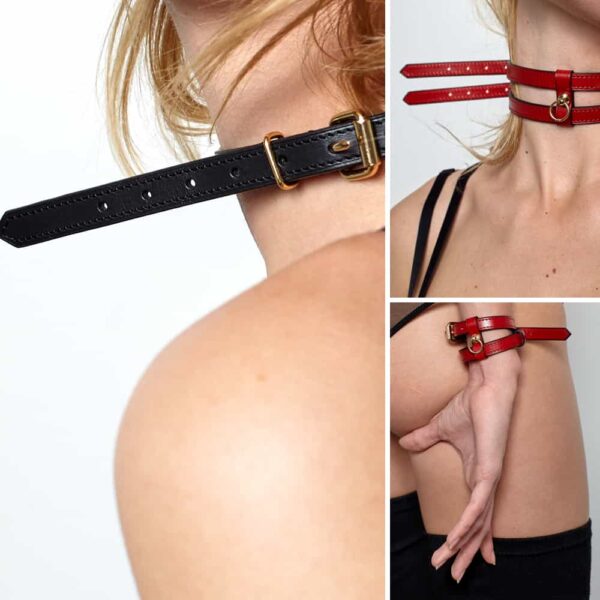 Bracelet or chocker necklace in black and white thin belt effect with golden clasp DOMESTIQUE chez Brigade Mondaine