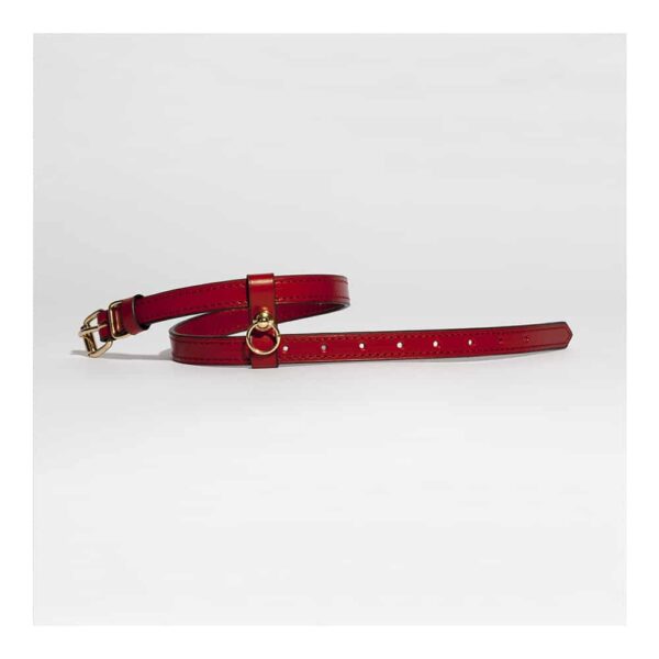 Red leather bracelet or chocker necklace with thin belt effect and golden clip DOMESTIQUE chez Brigade Mondaine