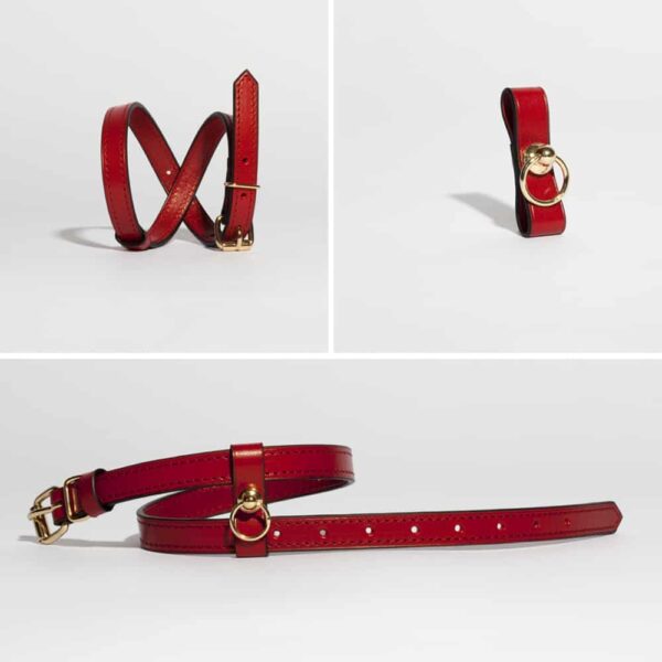 Red leather bracelet or chocker necklace with thin belt effect and golden clip DOMESTIQUE chez Brigade Mondaine