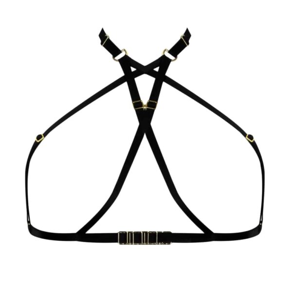 Open bust harness in black and gold geometric elastic by ELF ZHOU LONDON at Brigade Mondaine