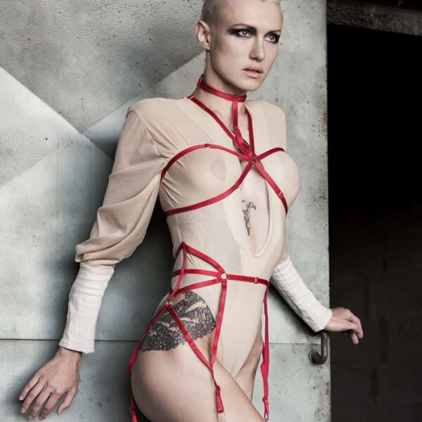 Cage Harness up to the neck or open bra in red elastic by ELF ZHOU LONDON at Brigade Mondaine