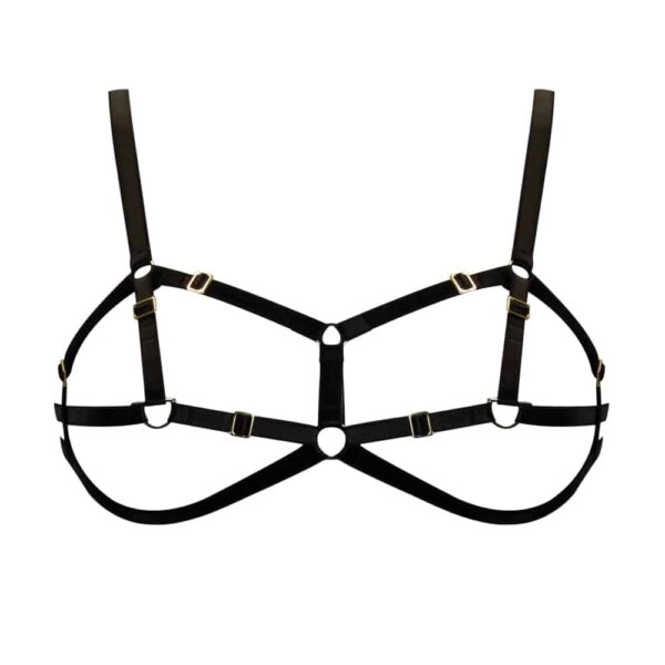 Bondage open bra in black elastic by ELF ZHOU LONDON at Brigade Mondaine