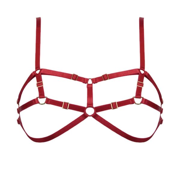 Bra D ring in red elastic and gold details including a D ring at the nipples by ELF ZHOU LONDON at Brigade Mondaine