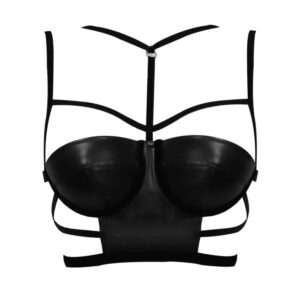 Soutien-gorge bustier en cuir noir avec dos nu et élastique croisé bondage et effet choker ELF ZHOU chez Brigade Mondaine