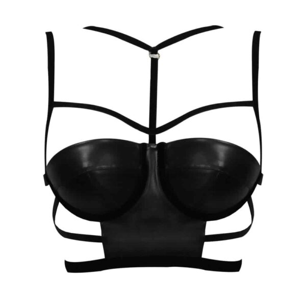 Black leather strapless strapless bra with bare back and elastic cross bondage and choker effect ELF ZHOU at Brigade Mondaine