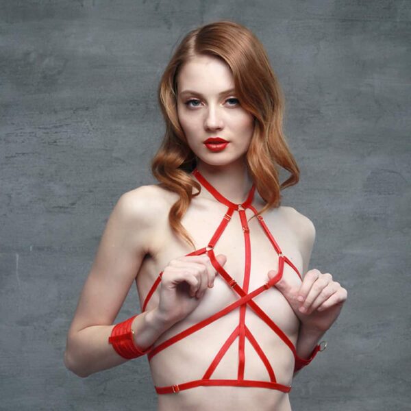 red Ruby elastic neck sling with bondage strapless waistband by Flash You and Me at Brigade Mondaine