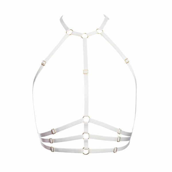 Strapless bondage harness with white elastic adjustable waistband and rings with gold finish by Flash You And Me at Brigade Mondaine