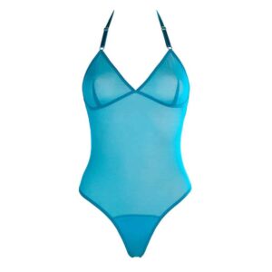 G-string body and halter top in transparent mesh blue turquoise FLASH YOU AND ME at Brigade Mondaine