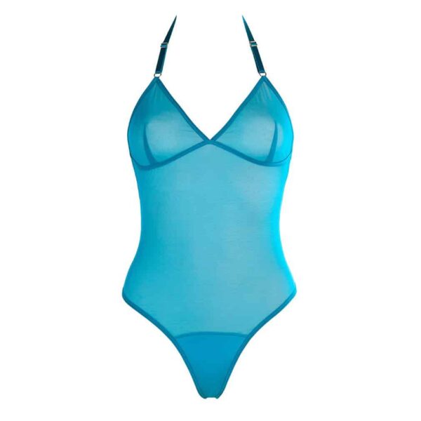 Cuerpo de la tanga y tapa del cabestro en malla transparente azul turquesa FLASH YOU AND ME en Brigade Mondaine