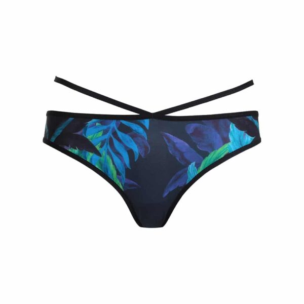 Navy blue tropical-print Colibri panties with elastic waistband and fishnet back by Flash You and Me at Brigade Mondaine