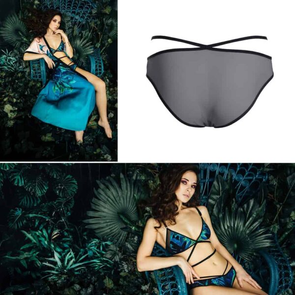Navy blue tropical-print Colibri panties with elastic waistband and fishnet back by Flash You and Me at Brigade Mondaine