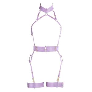 Lavender purple elastic playsuit with belt and suspender belt FLASH YOU AND ME at Brigade Mondaine