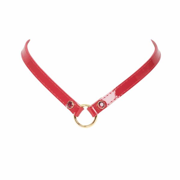Rote Lederhalskette mit V-Ausschnitt und Ring von Fraulein Kink bei Brigade Mondaine