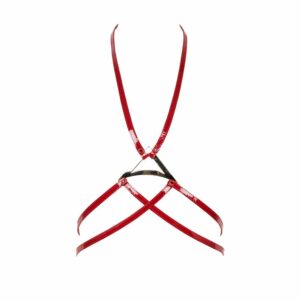 Red patent leather harness with gold triangle detail in the middle of the torso by Fraulein Kink at Brigade Mondaine