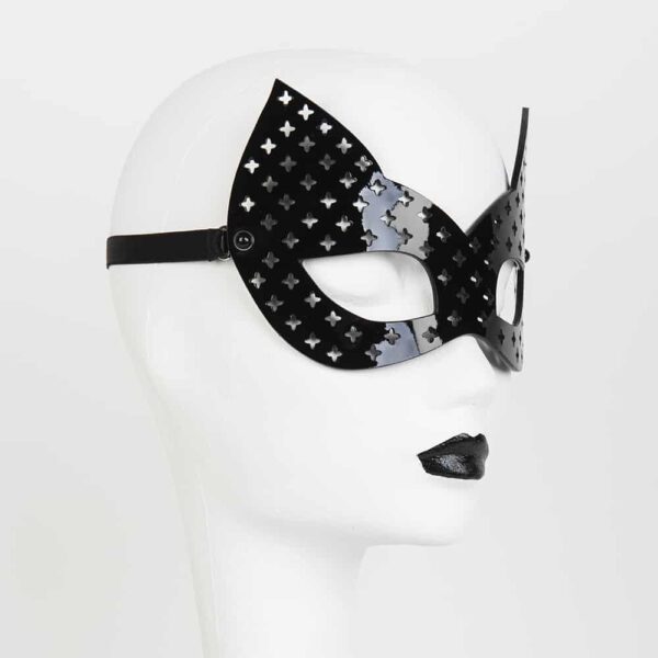 Schwarze Katzenmaske aus perforiertem Lackleder mit Kreuz Original Sin Nero von FRAULEIN KINK bei Brigade Mondaine