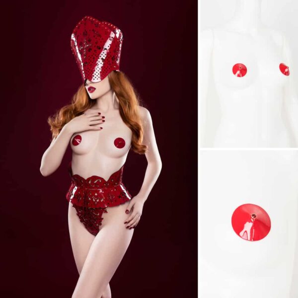 Red vinyl nippies and small red crystal nippies FRAULEIN KINK at Brigade Mondaine