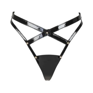 Harness thong in black satin and leather cut by Fraulein Kink at Brigade Mondaine