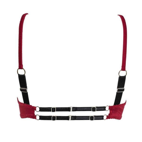 Red satin bondage strapless adjustable in the back GONZALES AFFAIRES chez Brigade Mondaine