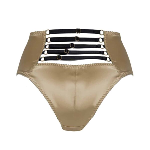 Daria High Waist Panty aus goldfarbenem Satin und schwarzen Gummibändern hinten von Gonzales Affaires bei Brigade Mondaine