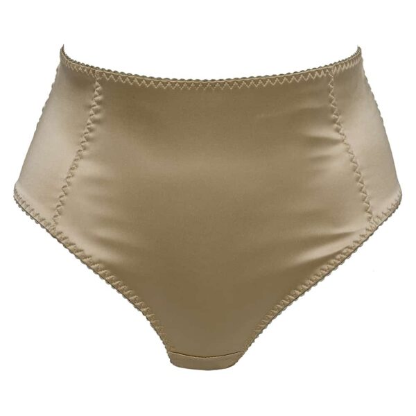 Daria High Waist Panty aus goldfarbenem Satin und schwarzen Gummibändern hinten von Gonzales Affaires bei Brigade Mondaine