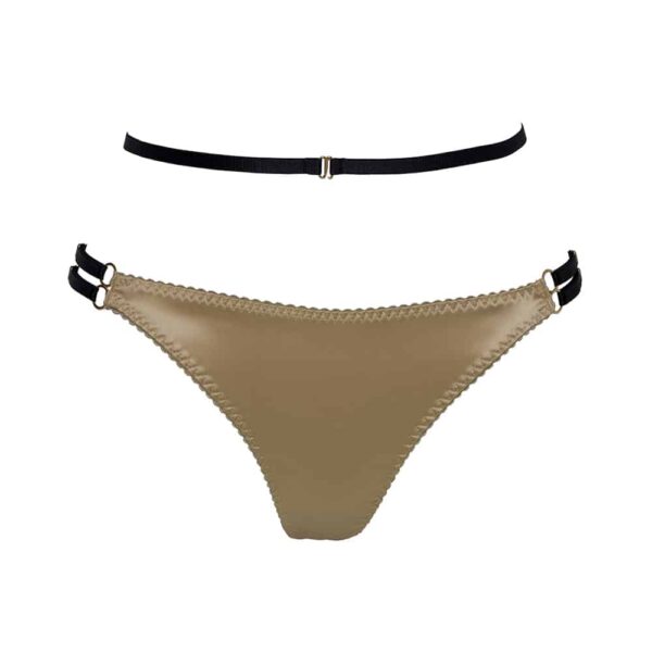 Daria thong in gold satin with black elastic at the back and around the waist by Gonzales Affaires at Brigade Mondaine