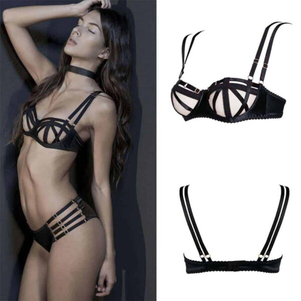 Strapless bra Domenica black with geometric elastics cleverly hiding the nipples by Gonzales Affaire