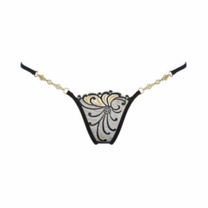 Sexy, schwarzer, tief ausgeschnittener Juwelen-String mit goldenen Motiven Golden Diamond bei Brigade Mondaine