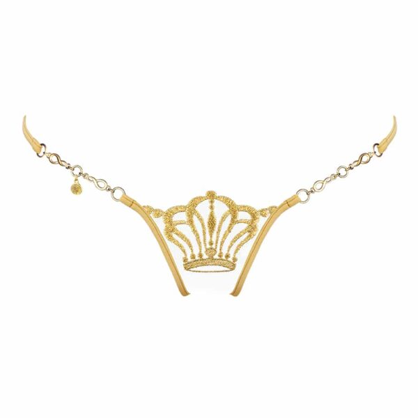 G-string with gold lace and chain with crown motif by Lucky Cheeks at Brigade Mondaine